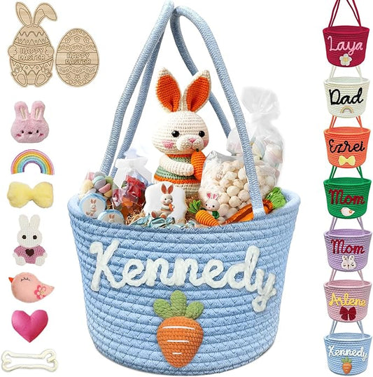 Personalized Easter Basket for Boys Girls Custom Name Baskets with Handle Woven Rope Rabbit Eggs Bucket Gifts