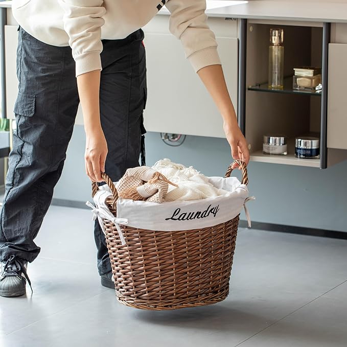 Wickerwise Handwoven Laundry Basket with Liner & Handles - Boho Decorative Storage Hamper for Clothes Blankets Pillows and Towels - Ideal for Laundry Room Bathroom Bedroom and Living Room, Brown