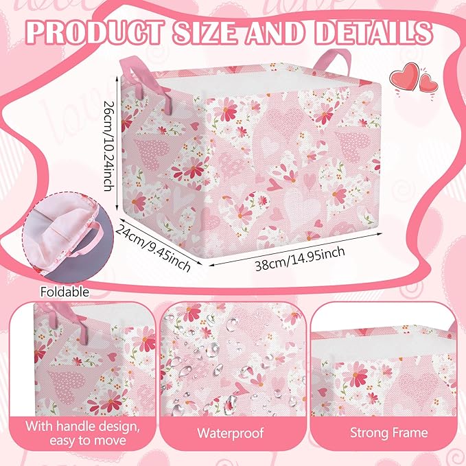 Youyole 6 Pcs Galentine's Day Gifts Basket Set Valentine's Day Storage Bins Pink Heart Empty Gifts Basket Organizer with Love Pattern Valentine Decorative Container Box with Handle for Closet Shelf