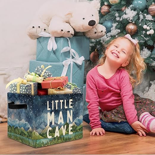 Boy Nursery Storage Bins Box with Handles, Boys Room Bedroom Decor, Little Man Cave Laundry Basket Hamper Collapsible Clothes Toys Organizer for Kids Room Nursery Playroom Bathroom