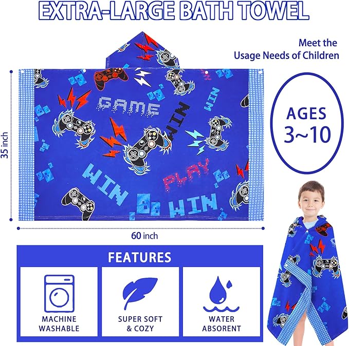 Hooded Beach Towel for Kids 3-10 Years- Soft Thick Cotton Video Gaming Gamepad Toddler Hood Bath Towels/Pool Terry Towel Poncho Wrap Absorbent Cute Bath & Swim Wrap for Boys & Girls-Blue