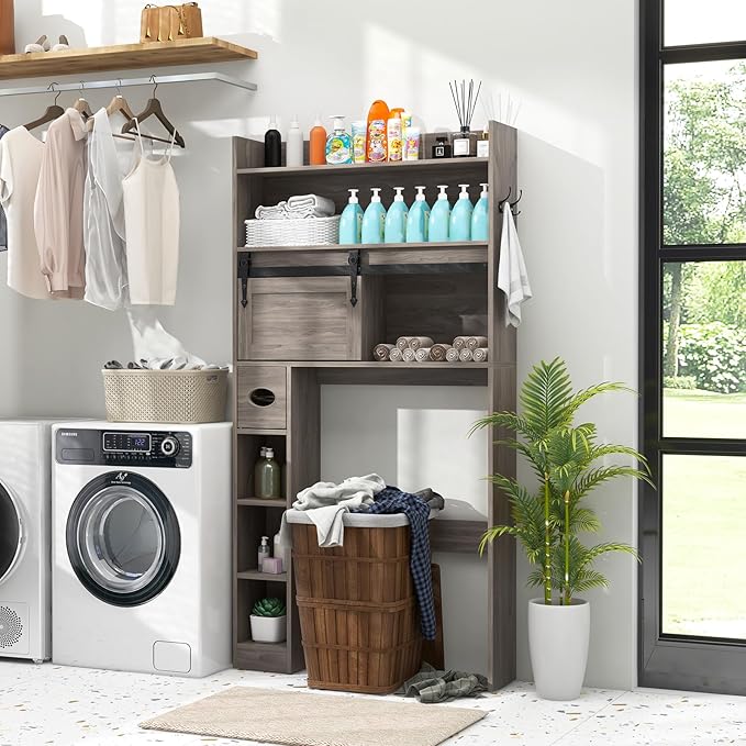Tangkula Over The Toilet Storage Cabinet, Farmhouse Freestanding Above Toilet Rack w/Sliding Barn Door, Adjustable Shelves, Toilet Paper Holder, 2 Hooks, Bathroom Space Saver (Retro, Grey)