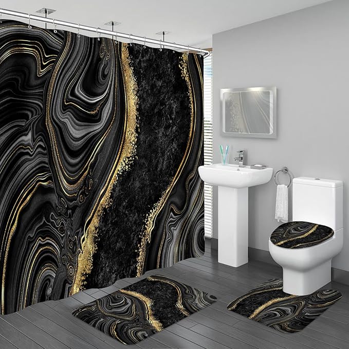 4PCS Black Gold Marble Shower Curtain Sets with Rugs, Abstract Bathroom Sets with Shower Curtain and Rugs, Bathroom Curtains Shower Set with Toilet Lid Cover for Bathroom Decor