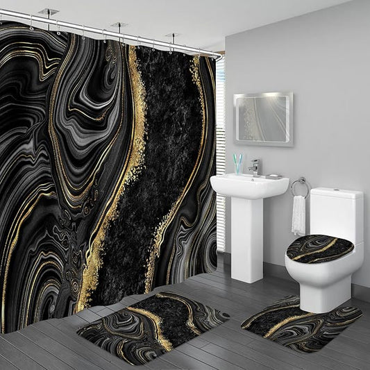 4PCS Black Gold Marble Shower Curtain Sets with Rugs, Abstract Bathroom Sets with Shower Curtain and Rugs, Bathroom Curtains Shower Set with Toilet Lid Cover for Bathroom Decor