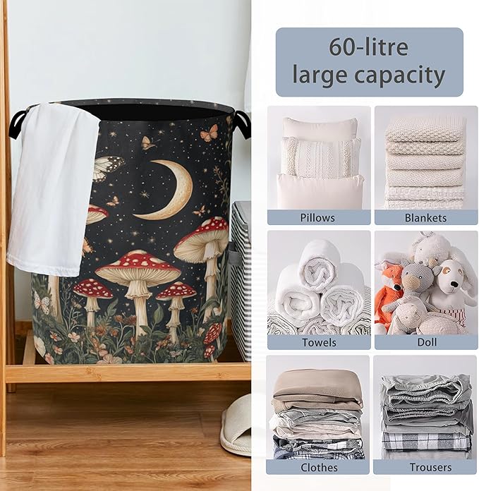 Mushroom Forest Plant Laundry Hamper,Butterfly Moon Dirty Clothes Laundry Basket with Handles Waterproof Oxford Cloth Storage Basket for College Dorms Bathroom Bedroom 16" x 20.8"
