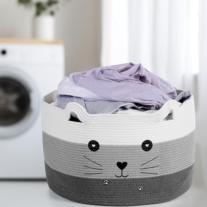 Zopeal Cat Basket Storage Woven Organizer with Ears Christmas Decorative Pet Toy Cute Cotton Rope Basket for Gift Cat Dog Toy Bin Nursery Room(21.7 x 13.8 Inch,White, Light Gray and Gray)