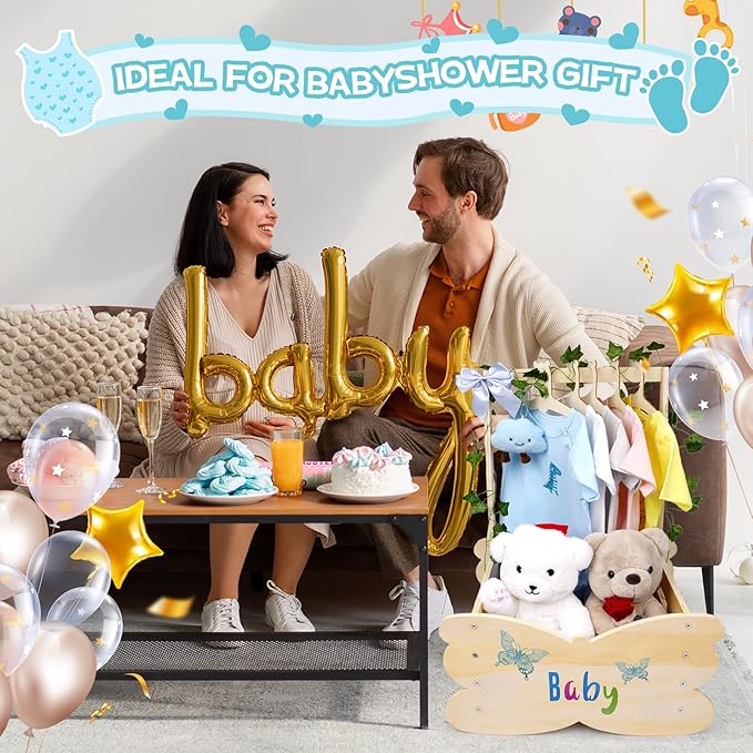 Wooden Baby Shower Crate Closet, Baby Shower Basket with 8 kinds of Accessories Personalized Newborn Boys Girls Gifts, Storage Crate Gifts for New Parent Pregnancy