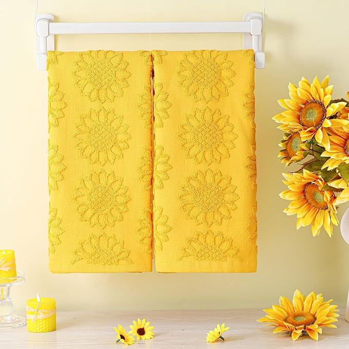2 Pcs Sunflower Hand Towels for Bathroom 100% Cotton Jacquard Weave Bath Towel Set Soft Absorbent Dish Washcloth for Bathroom Kitchen Summer Theme Gifts 13.8 x 29.5 Inch (Yellow)