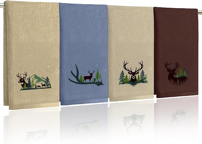 4 Pcs Forest Moose Deer Hand Towels Elk Embroidered Towels Set - 29" x 13.3" Cotton Bath Towel, Deer Rustic Farmhouse Decor, Nature-themed Hand Towel for Kitchen Bathroom Decor Housewarming Gift