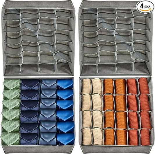 4 Pack 96-Cell Fabric Sock Organizer and Tie Organizer For Men - Fabric Foldable Drawer Divider for Socks, Underwear, Ties and Belts - Foldable, Multi-Cell Design, Space-Saving (Grey)