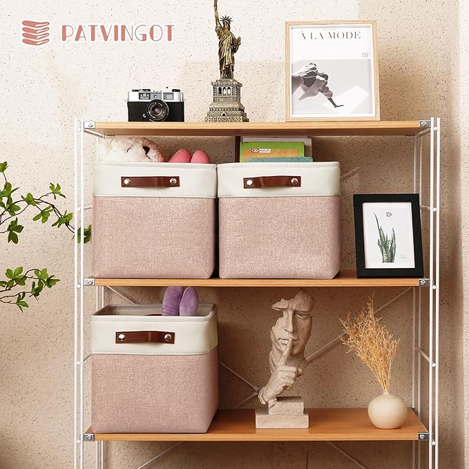 6-Pack Foldable Fabric Storage Cubes 11x11 Inch, Sturdy Cube Organizer Bins with Leather Handles, Storage Baskets for Closet Shelves and Home Organization(White/Pink)