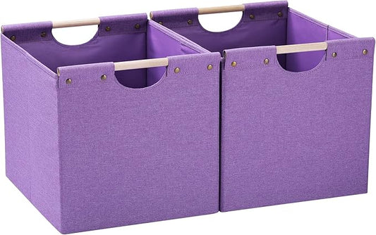 HOONEX Large Foldable Storage Bins, Linen Fabric, Pack of 2, Storage Baskets with Wooden Carry Handles and Sturdy Heavy Cardboard, for Home, Office, Car, Nursery, Purple