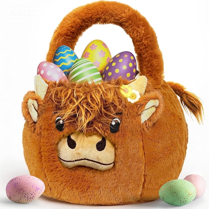 2026 Highland Cow Plush Baskets Easter Basket, Easter Egg Hunt Buckets, Easter Decorations Indoor Outdoor, Cute Easter Gifts for Kids, Adults, Teens, Toddlers, Girls