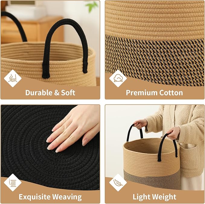 Woven Laundry Hamper Tall Rope Storage Basket for Blanket toys Dirty Clothes in Living Room Bathroom Bedroom (Jute Brown & Black, 100L/26.4Gal)