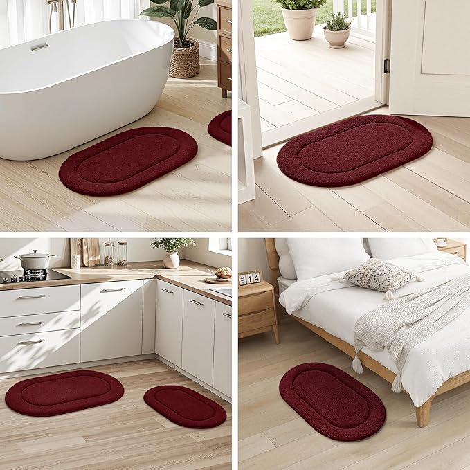 HOMEIDEAS Bathroom Rugs Sets 2 Piece, Soft Bathroom Mats and Absorbent Microfiber Machine Washable Bath Mats for Shower Room, Bathtub, Kitchen (20" x 32" + 16" x 24", Burgundy Red)