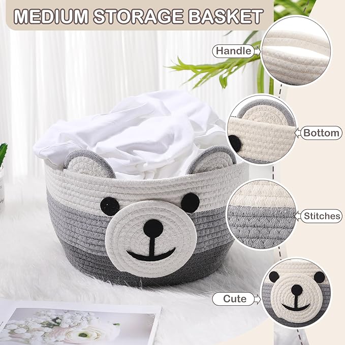 Zopeal Bear Basket 13" D x 9.5" H for Nursery Cotton Rope Woven Cute Storage Basket with Handles Animal Hamper for Baby Shower Laundry Bathroom Home Decorative