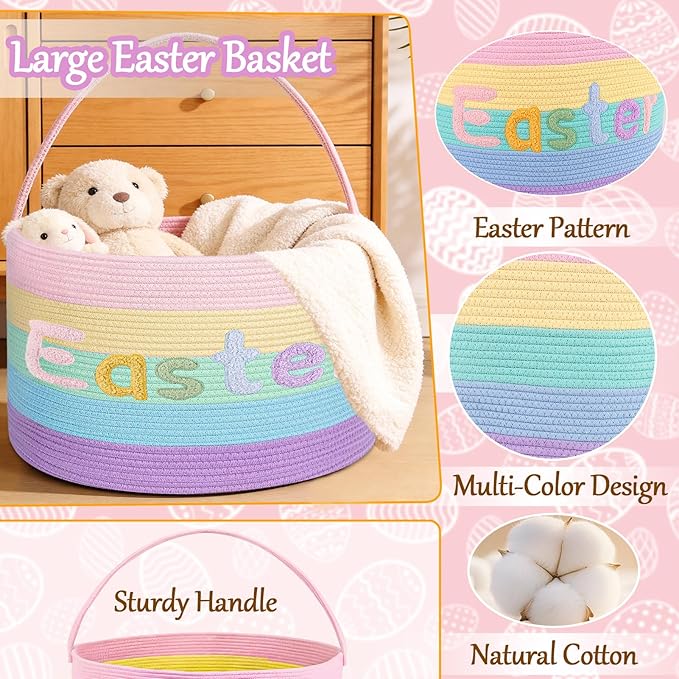 Rainbow Easter Basket, Extra Large Easter Egg Hunting Basket, Woven Cotton Rope Storage Basket Laundry Basket with Handle, Soft Round Storage Bin, Blanket Basket, Empty Gift Basket, 18.5"x13"