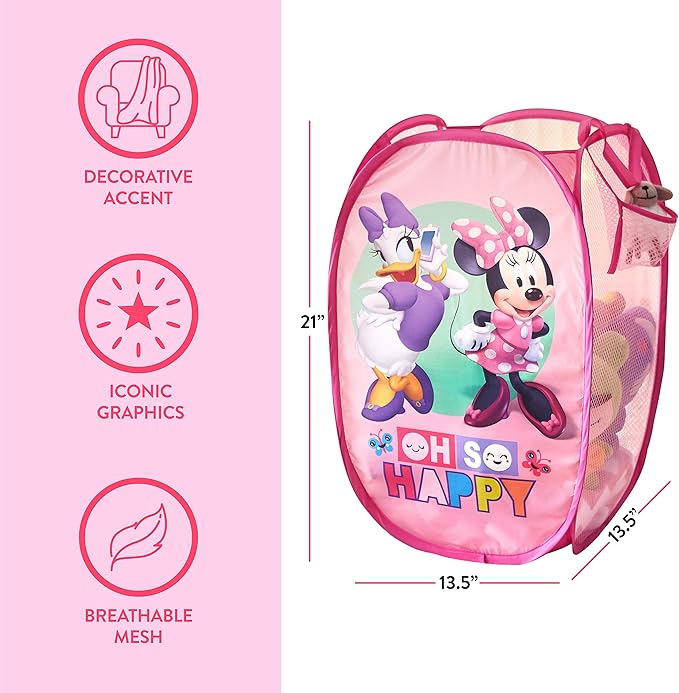 Disney Minnie Mouse Pop-Up Hamper,“Oh So Happy” Design, 21”H x 13.5”W x 13.5”L, Durable & Collapsible Laundry Basket with Carry Handles for Kids Room