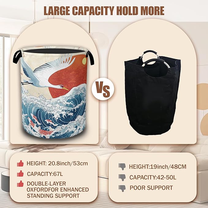 White Crane Laundry Baskets,Red Sun Japanese Wave Laundry Hamper,Storage Basket with Handles for Bathroom Bedroom College Dormitory Living Room Nursery Organizer 16"x20.8"