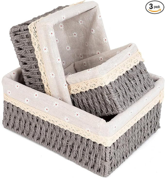 Wicker Baskets for Organizing,Natural Paper Rope Large Small Basket Set with Liner,Hand Woven Pantry Organizer & Storage for Women Girls Bathroom Living Room School Desk Shelves Décor(3 Pack Grey)
