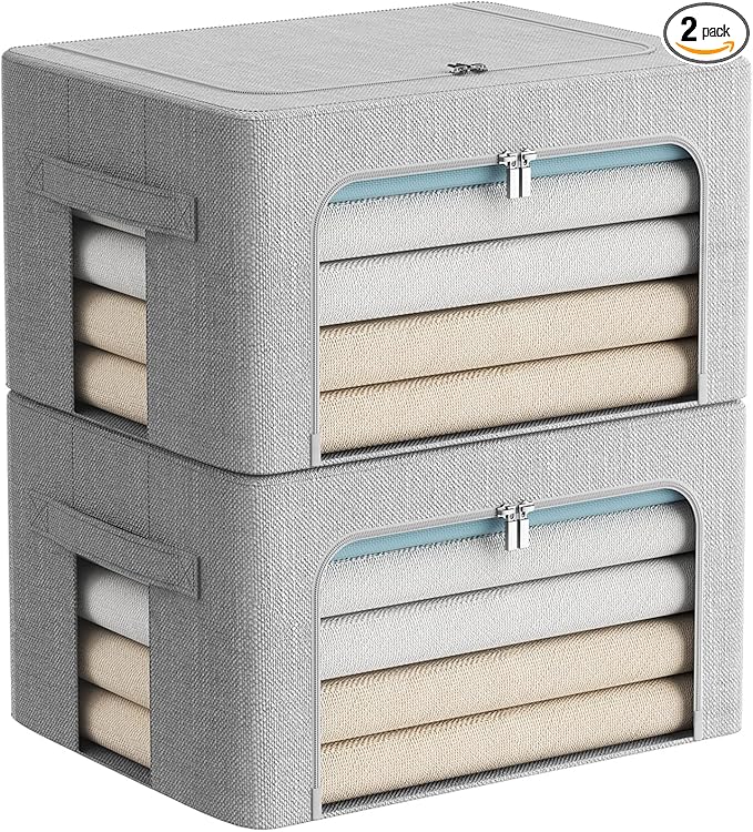 FHSQX 2 Pack Clothes Storage Bins Stackable Metal Frame Storage Box Foldable Linen Fabric Organizer with Carrying Handles and Clear Window (Light Gray, 15.7x 11.8x 7.8Inch)