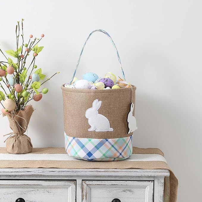 Easter Basket – Bunny Basket with DIY Blank Wooden Bunny Tag for Kids, Boys, Girls, Easter Egg Hunt, Candy Gift Storage (Bule)