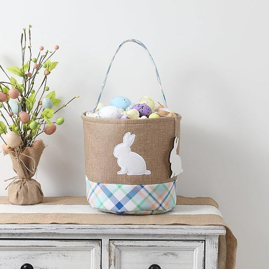 Easter Basket – Bunny Basket with DIY Blank Wooden Bunny Tag for Kids, Boys, Girls, Easter Egg Hunt, Candy Gift Storage (Bule)