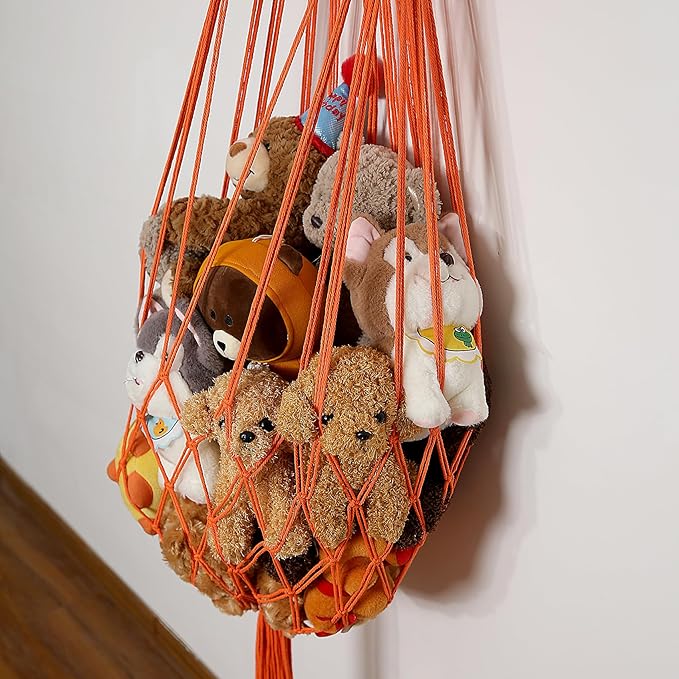 Stuffed Animal Hammock Wall Hanging Net for Stuffed Animal Net Stuffed Animal Storage Plush Toy Holder Toy Organizer for Boho Kidroom Nursery (Orange Color)