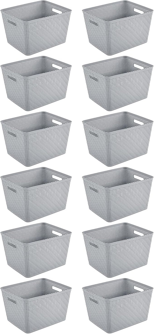 Sterilite 12 Pack Plastic Storage Bin Organization Containers, Tall Baskets, Cement