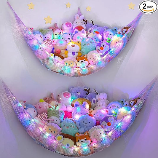 Unicorn Castle Stuffed Animals Net or Hammock Kids Toy Storage Organizer with LED Light Hanging Corner Stuffed Animals Holder Kids Girls Room Decor,Blue-Purple,Large (Pack of 2)