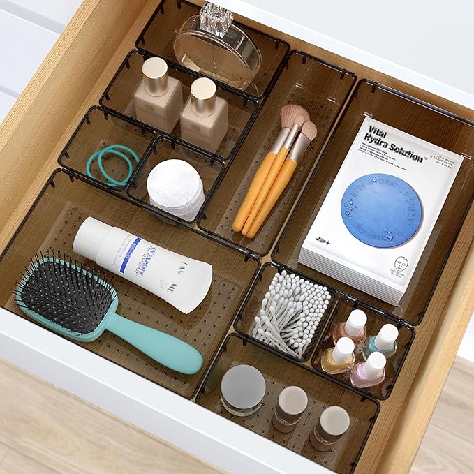 13 PCS Clear Plastic Drawer Organizers Set, 4 Size Desk Drawer Organizer Trays for Makeup, Jewelry, Kitchen Utensils, Gadgets and Office Accessories, Black
