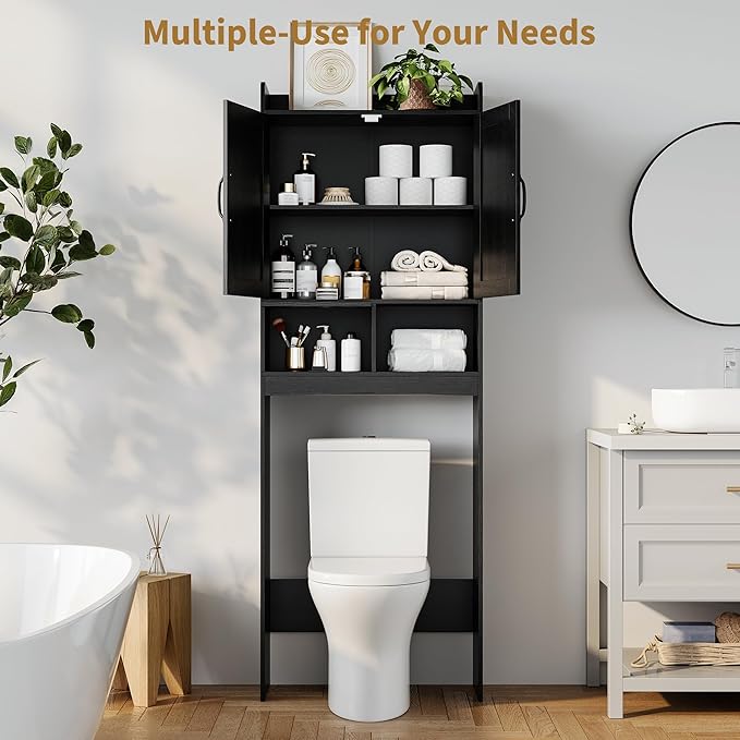 IDEALHOUSE Over The Toilet Storage Cabinet,Bathroom Organizers and Storage with Anti-Tip Device and Adjustable Shelf for Bathroom,Restroom,Laundry,Black