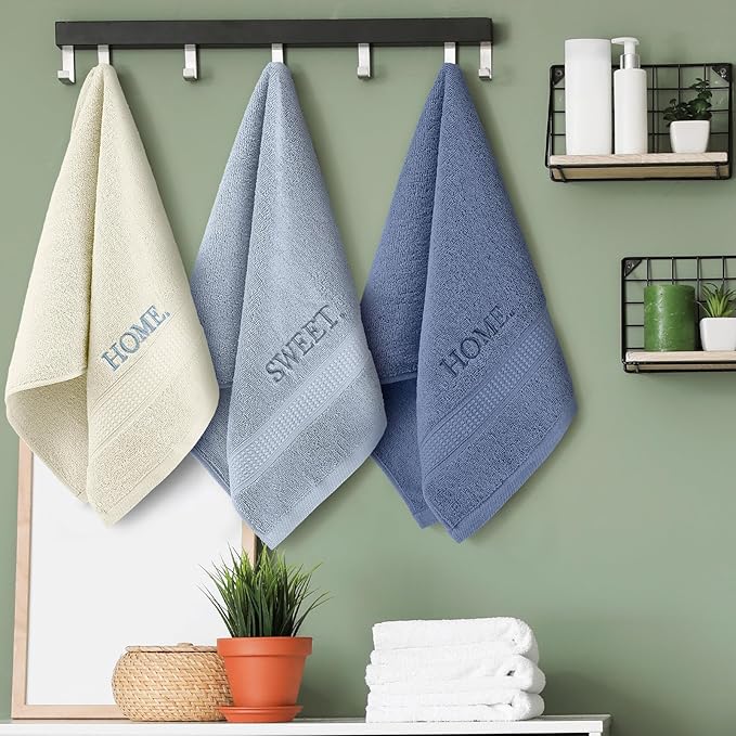 3 Pcs Home Sweet Home Hand Towels Farmhouse Decorative Embroidered Bathroom Hand Towels Rustic 100% Cotton Blue Set for Boho Bathroom Kitchen Decor