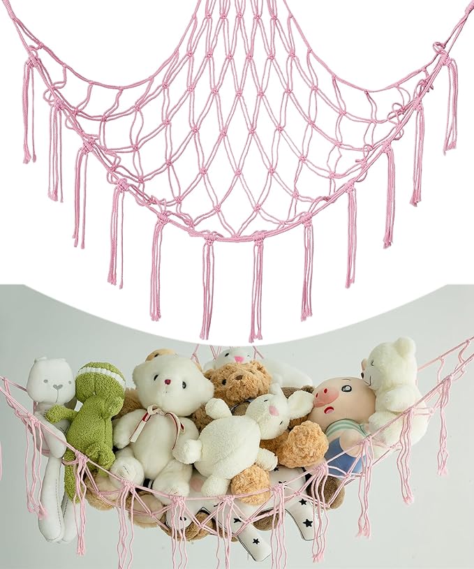 Stuffed Animal Storage Corner Hammock or Net,Toy Storage Hammock for Stuff Animals,Plushie Net for Nursery Bedroom Wall,Stuffed Animal Organizer Holder for Plush,Cute Boho Room Decor.(Pink)