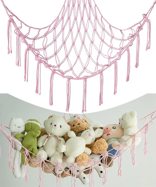 Stuffed Animal Storage Corner Hammock or Net,Toy Storage Hammock for Stuff Animals,Plushie Net for Nursery Bedroom Wall,Stuffed Animal Organizer Holder for Plush,Cute Boho Room Decor.(Pink)