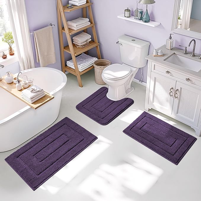 GRANNY SAYS Bathroom Rugs Sets 3 Piece, Soft Absorbent Microfiber Bath Mats for Bathroom Non Slip Washable, U-Shaped Toilet Bath Rugs for Tub Shower (Purple, 16" x 24" + 20" x 32" + 20" x 24")