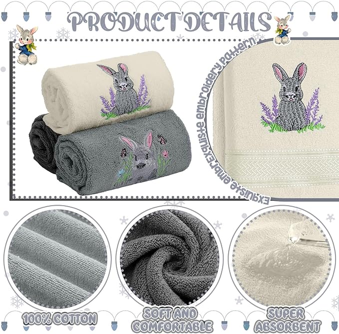 3 Pack Easter Bunny Hand Towels Farmhouse Gray Bathroom Decor 13.4 x 29.2 Inch 100% Cotton Embroidered Spring Decorative Towels Absorbent Soft for Hand Drying Cleaning Gift
