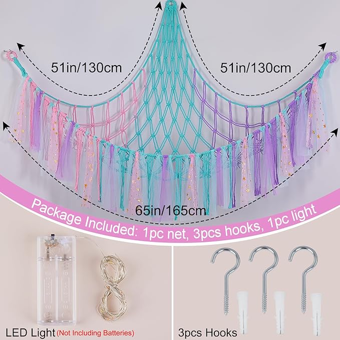 FIOBEE Stuffed Animals Net or Hammock with LED Light, Toy Hammock Hanging Stuffed Animals Storage Organizer Holder Room Décor for Nursery Kids Bedroom