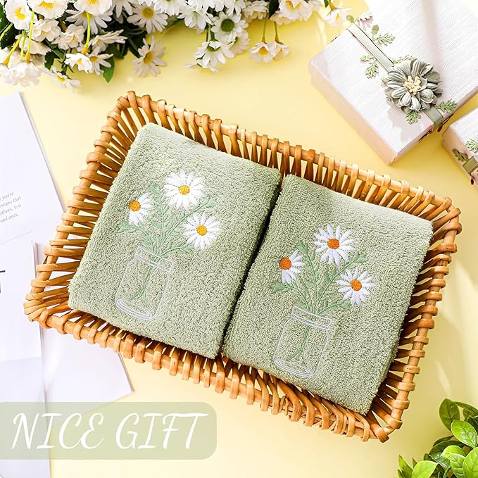 2 Pcs Daisy Flower Hand Towels Gray Green Bathroom Decor 14x29 Inch Embroidered 100% Cotton Soft Absorbent Spring Summer Decorative Hand Towels for Bathroom Kitchen