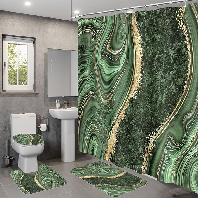 4PCS Sage Green Marble Bathroom Sets with Shower Curtain and Rugs, Abstract Gold Shower Curtain Sets with Rugs for Bathroom, Modern Bathroom Curtains Shower Set with Toilet Lid Cover
