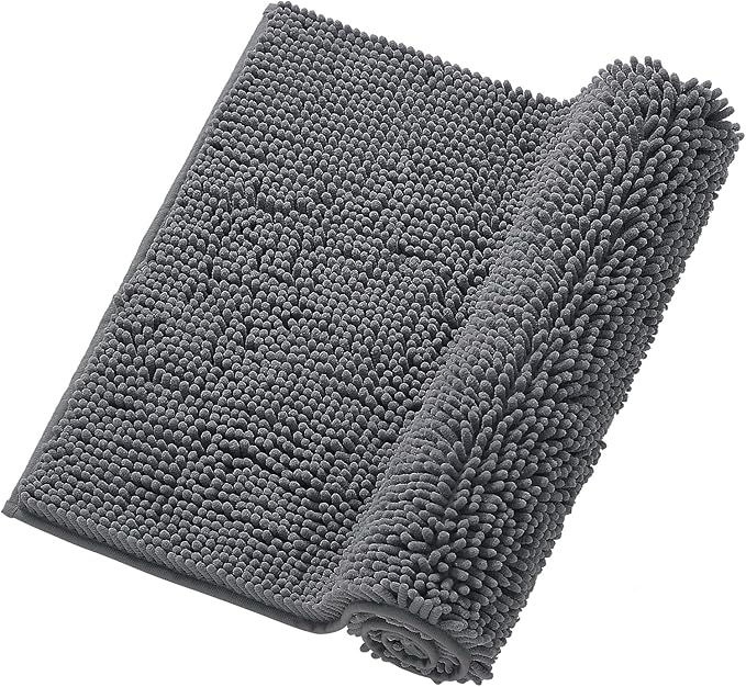 Gray Chenille Bathroom Rug 17"x24" Inch - Non Slip Absorbent Bath Mat for Shower, Quick Dry Machine Washable Floor Mats, Soft Plush
