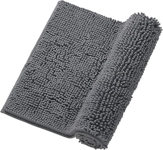 Gray Chenille Bathroom Rug 17"x24" Inch - Non Slip Absorbent Bath Mat for Shower, Quick Dry Machine Washable Floor Mats, Soft Plush