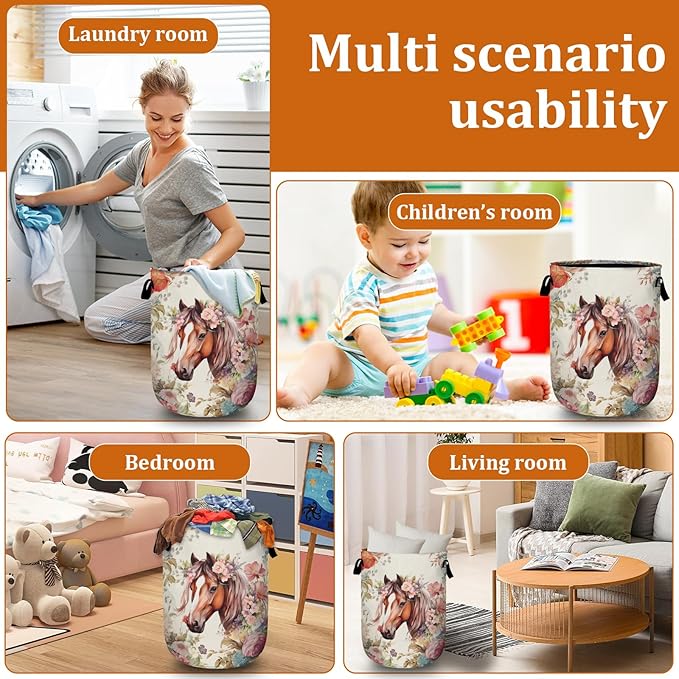 Pink Flower Horse Laundry Basket with Sturdy Handles, Floral Animal Collapsible Oxford Cloth Laundry Hamper Organizer Basket for Bathroom Bedroom 15.7x20 Inch
