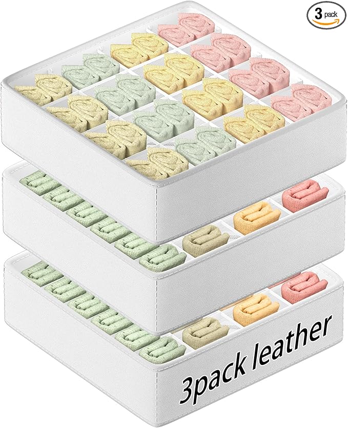 Classical Leather Sock Underwear Drawer Organizer clothes, Closet Dividers，64 Cell (16+24+24) Foldable Leather Storage Box for Panties, Ties, Accessories（3 Pack）