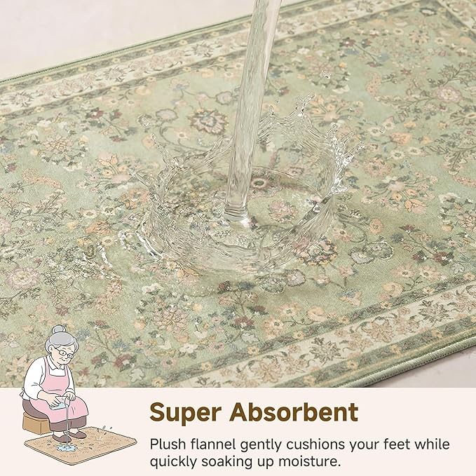GRANNY SAYS Boho Bathroom Rugs 26"x 18" Non-Slip, Quick Dry & Washable, Vintage Bath Rug, Distressed Farmhouse Plush Velvet Bath Mat, Absorbent for Shower Toilet Sink, Pet Friendly - Flower Green