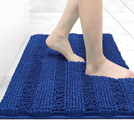 Grandaily Chenille Striped Bathroom Rugs 24x16, Extra Thick and Absorbent Bath Mats, Non-Slip Soft Plush Shaggy Shower Carpet, Machine Wash Dry, Bath Rug for Bathroom, (Small, Cobalt Blue)