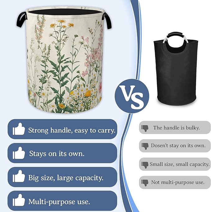 Wildflowers Laundry Hamper With Handle,Foldable Oxford Cloth Vintage Herb Flower Botanical Laundry Basket,20.8"x16" Clothes Storage Basket for Laundry Room/Bedroom/Bathroom