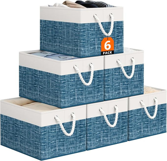 Storage Bin,Collapsible Storage Basket For Organizing,Large Storage Boxes With Rope Handles,Storage Containers,White & Blue,6 Pack