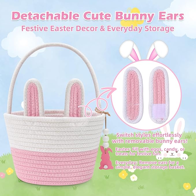 Easter Baskets for Kids, Pink Small Woven Rope Bunny Personalized Easter Basket Empty with Handle, Basket Name Tag, Baby Egg Easter Baskets Gifts for Girls Boys Toddler Babies, 8.7" x 6.9" x 6.3"