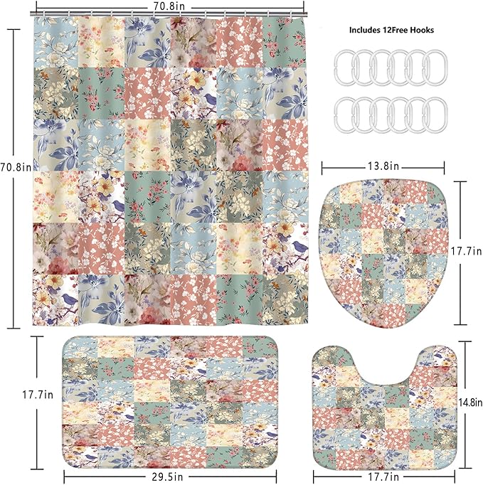 4Pcs Boho Shower Curtain Set Vintage Floral Bathroom Sets with Rugs Patchwork Floral Shower Curtain with 12 Hooks